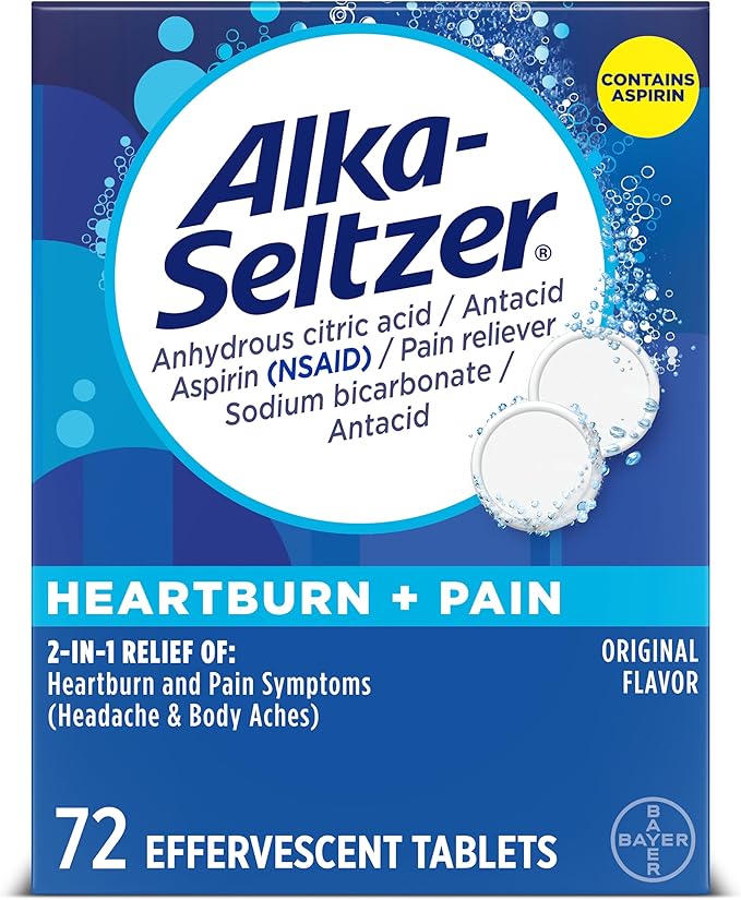 Alka-Seltzer Heartburn Relief and Pain Relief, Aspirin + Antacid Effervescent Tablets, 72 Count